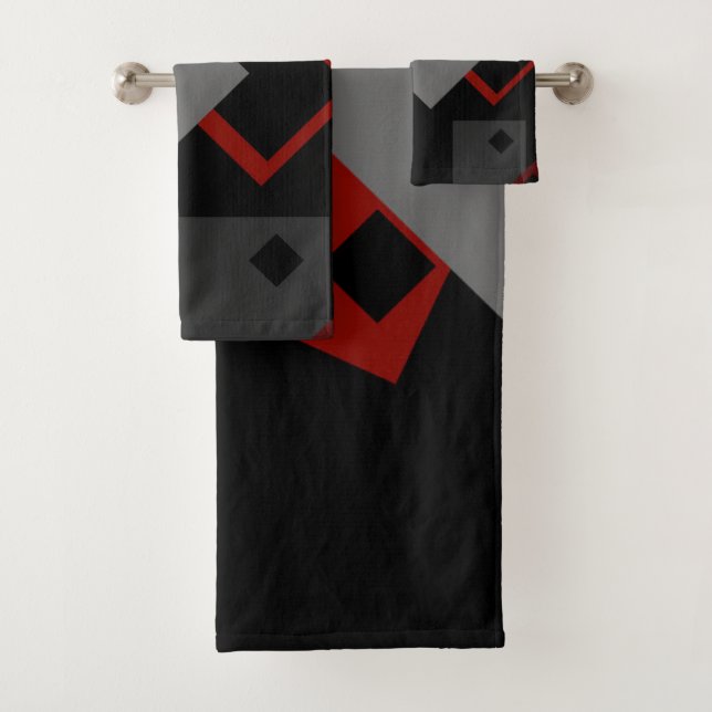 Black red and grey geometric bath towel set (Insitu)