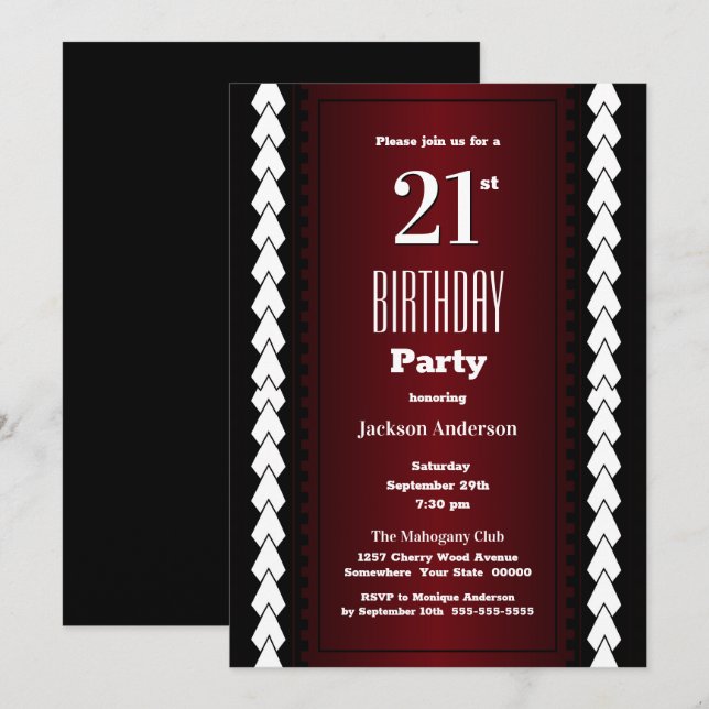 Black Red and White 21st Birthday Party Invitation (Front/Back)