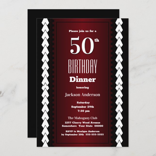Black Red and White 50th Birthday Dinner Invitation (Front/Back)