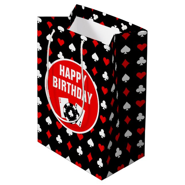 Black Red and White Casino Chips and Cards Medium Medium Gift Bag (Back Angled)