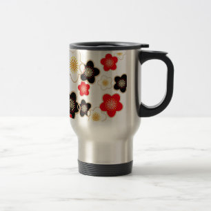 black, red, and white flowers travel mug