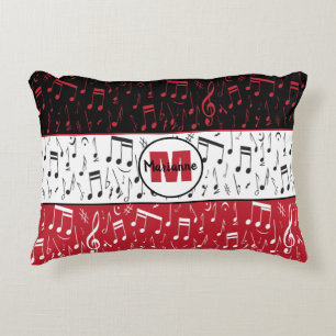 Black red and white music notes accent pillow