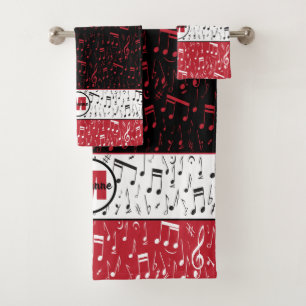 Black red and white music notes bath towel set