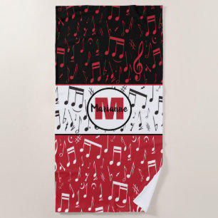 Black red and white music notes  beach towel