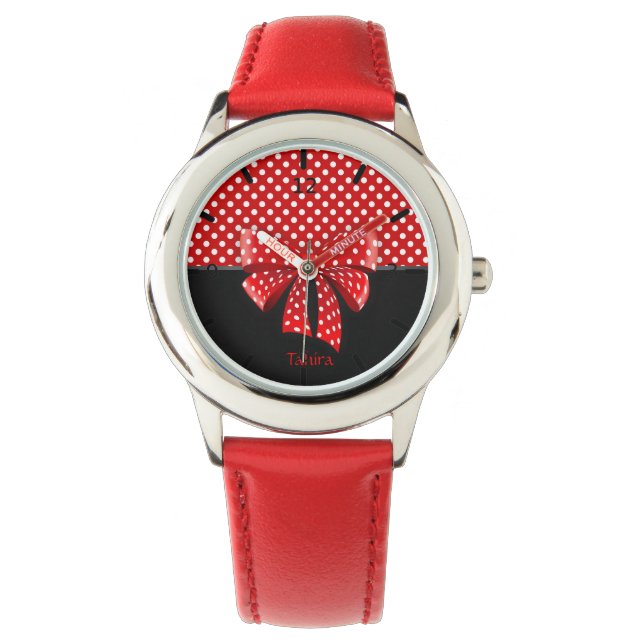 Black, Red and White Polka Dots Ribbon Watch (Front)