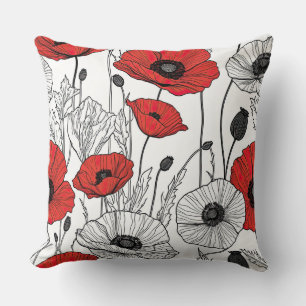 Black, red and white poppy abstract cushion