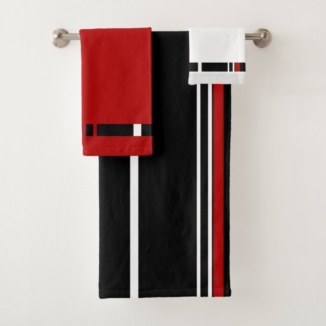 Black red and white stripes bath towel set (Insitu)
