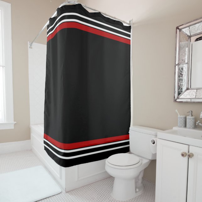 Black red and white stripes  shower curtain (In Situ)
