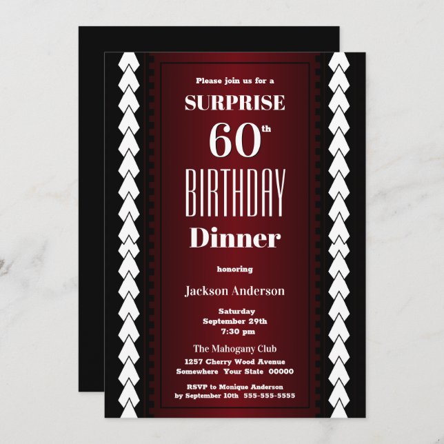 Black Red and White Surprise 60th Birthday Dinner Invitation (Front/Back)