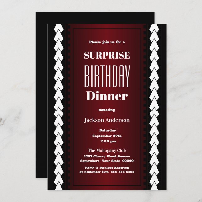 Black Red and White Surprise Birthday Dinner Invitation (Front/Back)