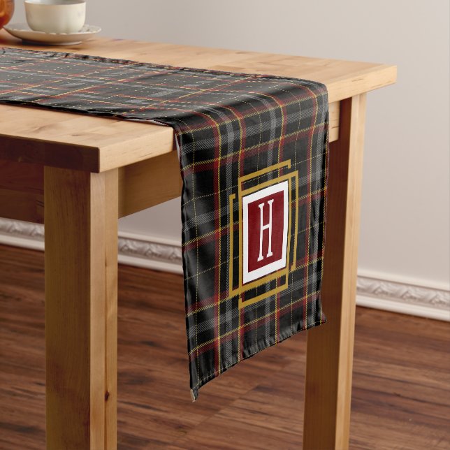 Black Red and yellow Tartan Monogram  Short Table Runner (In Situ)