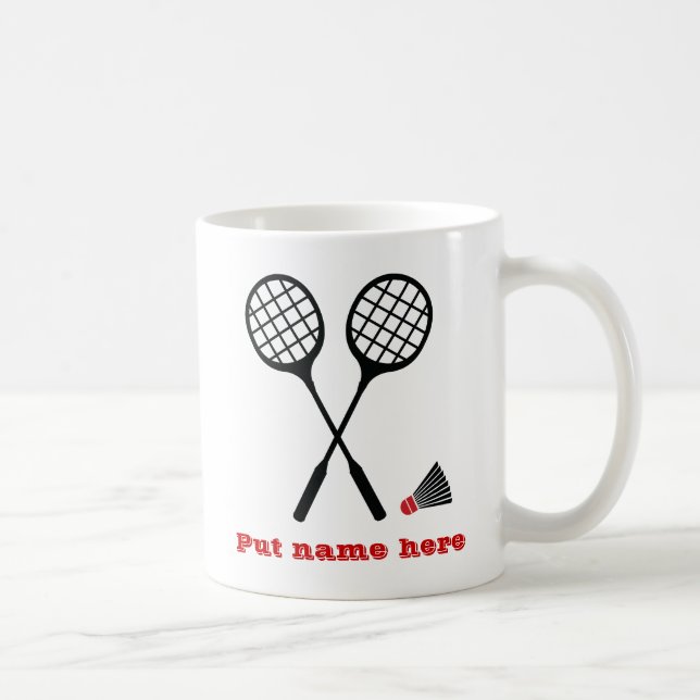 Black red badminton racquet and shuttlecock custom coffee mug (Right)