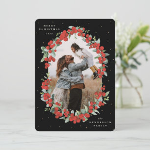 Black Red Berries+Eucalyptus Christmas Photo Holiday Card