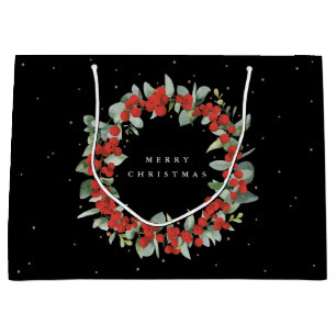 Black Red Berry+Eucalyptus Christmas/Holiday Large Gift Bag