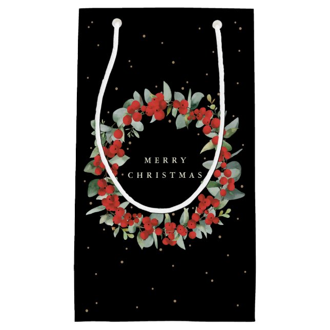 Black Red Berry+Eucalyptus Christmas/Holiday Small Gift Bag (Front)