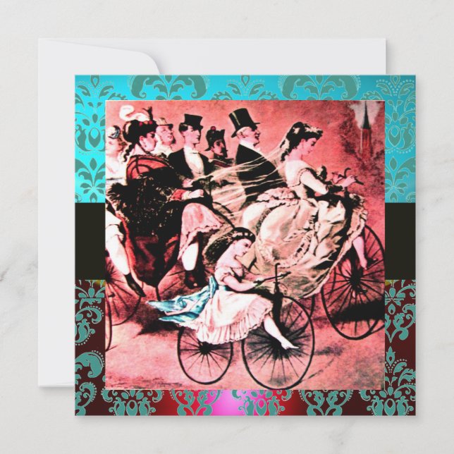 BLACK RED BLUE BICYCLE WEDDING DAMASK MONOGRAM INVITATION (Front)