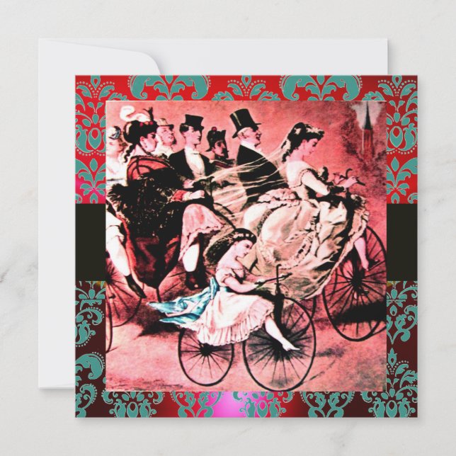 BLACK RED BLUE BICYCLE WEDDING DAMASK MONOGRAM INVITATION (Front)