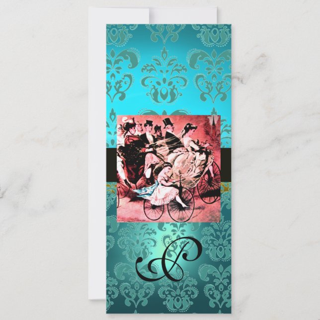 BLACK RED BLUE BICYCLE WEDDING DAMASK MONOGRAM INVITATION (Front)