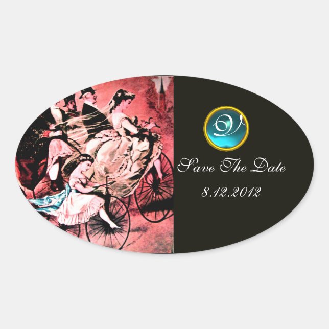 BLACK RED BLUE BICYCLE WEDDING DAMASK MONOGRAM OVAL STICKER (Front)