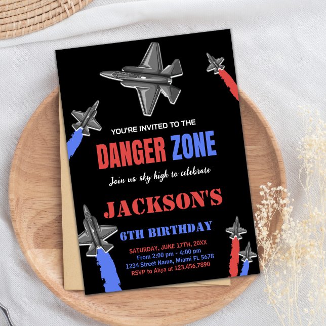 Black Red Blue Grey Fighter Jet Birthday Invitation (Black Red Blue Gray Fighter Jet Birthday Invitation)