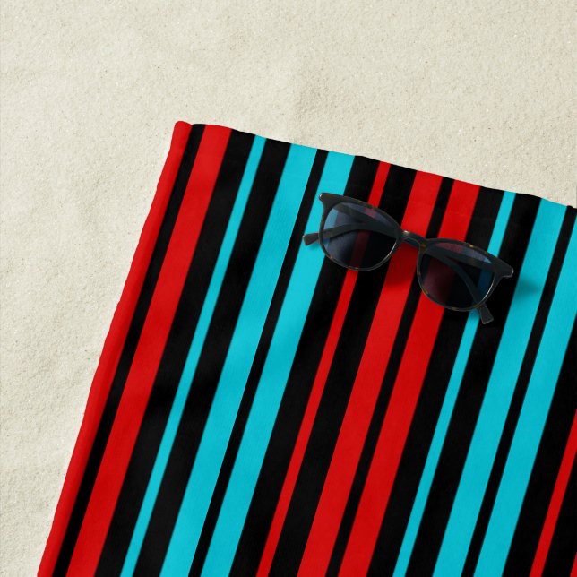 Black Red Blue Stripes Pattern   Beach Towel (In Situ)