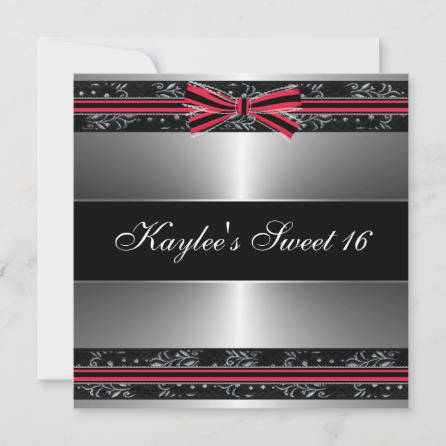 Black Red Bow Silver Sweet Sixteen Birthday Invitation (Front)
