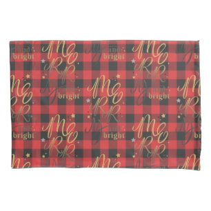Black Red Buffalo Merry and Bright Plaid Rustic Pillowcase