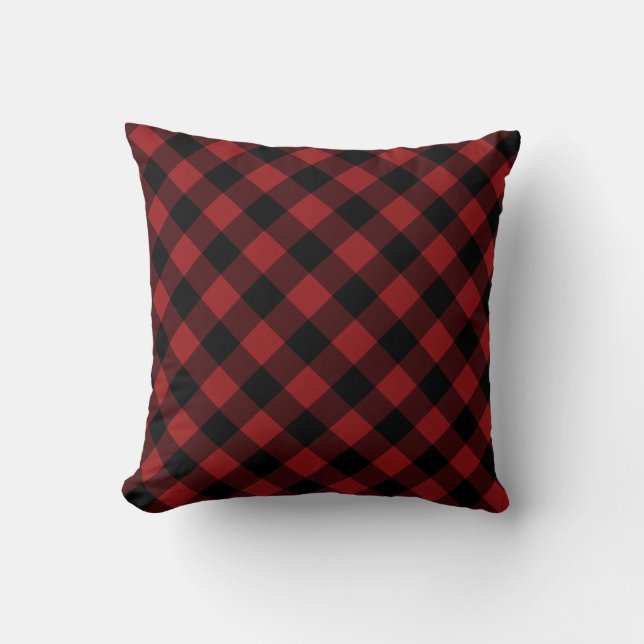 Black Red Buffalo Plaid Check Throw Pillow (Front)
