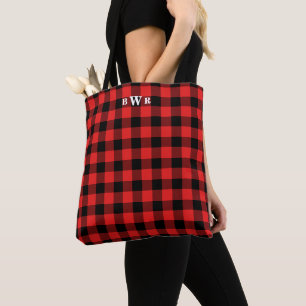Black Red Buffalo Plaid Monogram Tote Bag