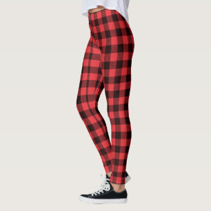 Black Red Buffalo Plaid Pattern Check Stripes Leggings