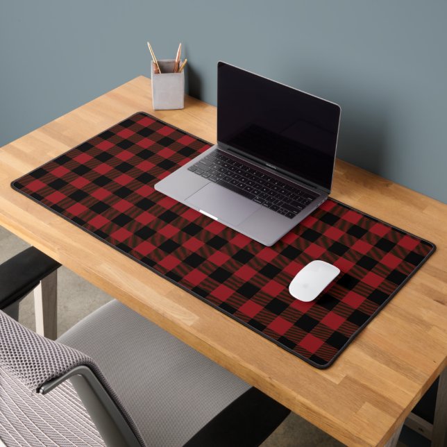 Black Red Buffalo Plaid Pattern Desk Mat (Office 2)