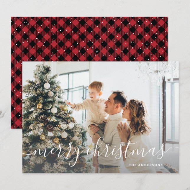 Black Red Buffalo Plaid Photo Merry Christmas Holiday Card (Front/Back)
