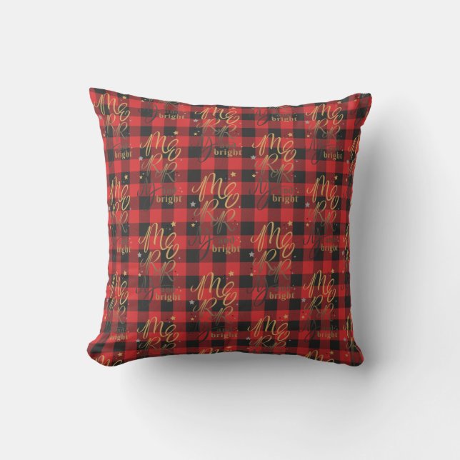 Black Red Buffalo Plaid Rustic Merry and Bright Cushion (Front)