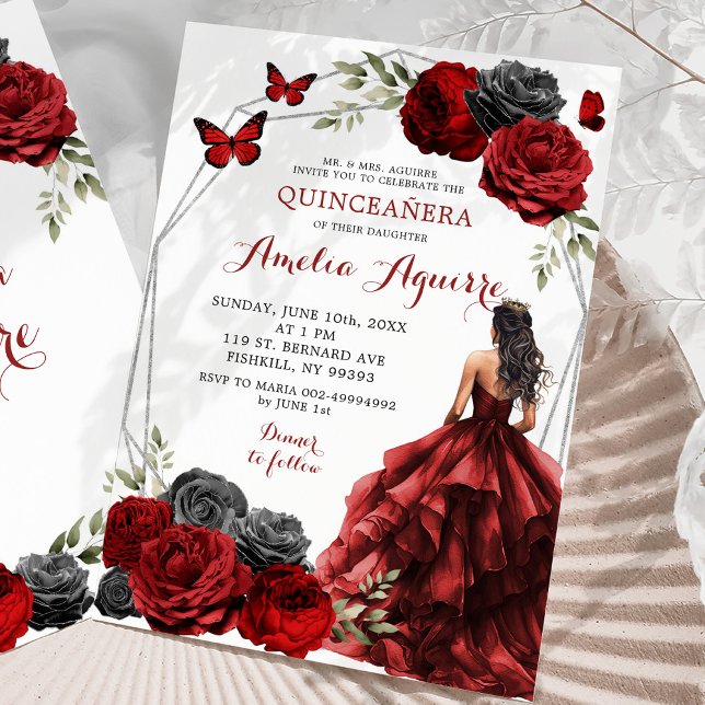 Black Red Burgundy Floral Princess Quinceañera Invitation (Creator Uploaded)