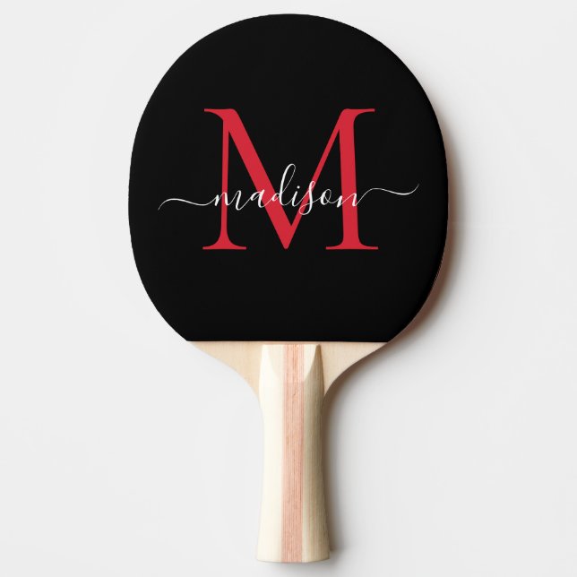 Black Red Burgundy Monogram Elegant Script Name Ping Pong Paddle (Front)
