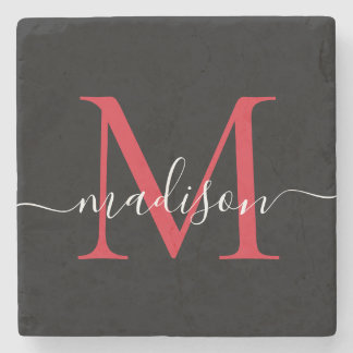 Black Red Burgundy Monogram Feminine Script Name Stone Coaster