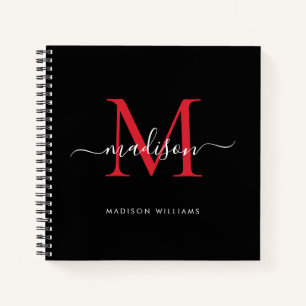 Black Red Burgundy Monogram Initial Script Name Notebook