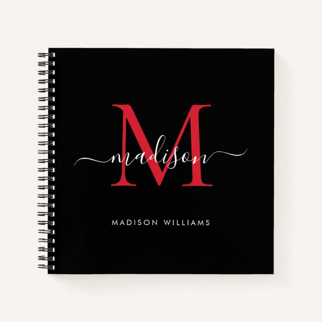 Black Red Burgundy Monogram Initial Script Name Notebook (Front)