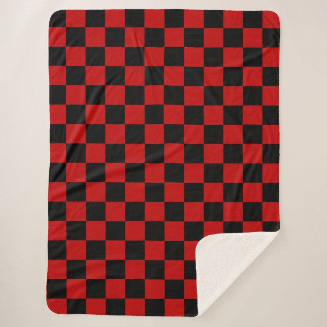 Black + Red Check Chequered Chequerboard Pattern Sherpa Blanket (Front)