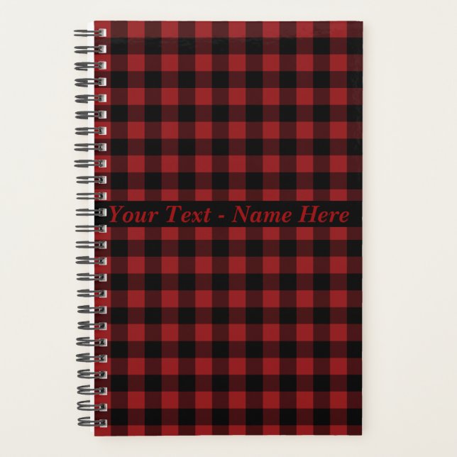 Black Red Check Planner with Custom Text Name (Front)