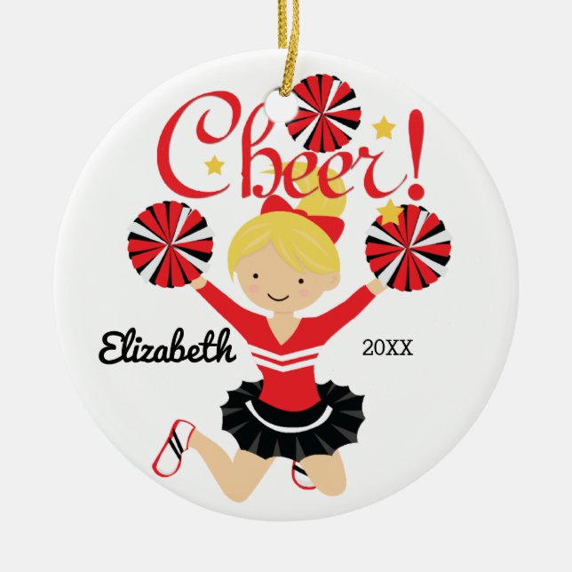 Black & Red Cheer Blonde Cheerleader Ornament (Front)