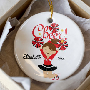 Black & Red Cheer Brunette Cheerleader Ornament