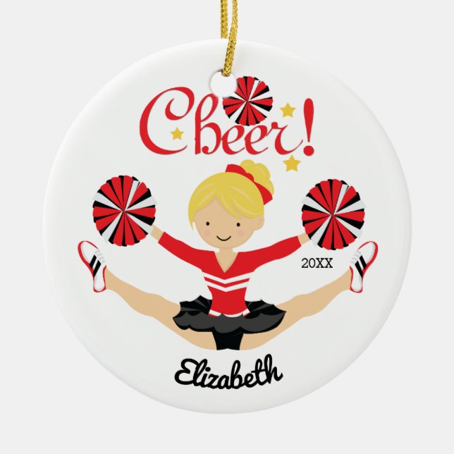 Black & Red Cheer Personalised Blonde Cheerleader Ceramic Tree Decoration (Front)