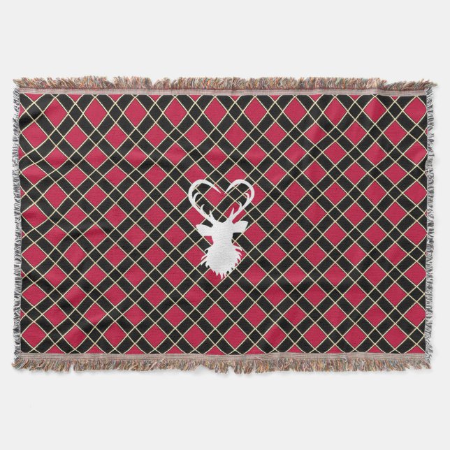 Black Red Chequered & Reindeer Silhouette Throw Blanket (Front)