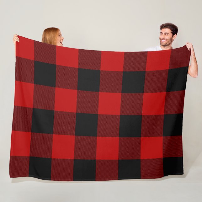 Black & Red Chequered Squares Buffalo Plaid Fleece Blanket (In Situ)