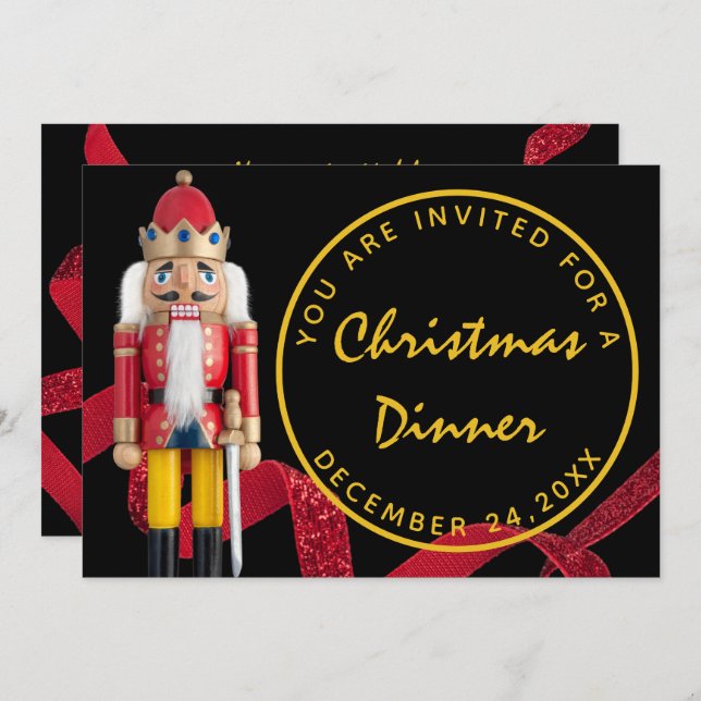 Black Red Christmas Eve Dinner Gold  Nutcracker Invitation (Front/Back)
