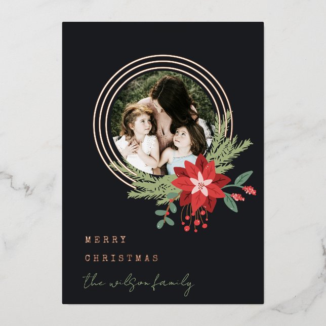 Black Red Circle Photo Poinsettia Merry Christmas (Front)