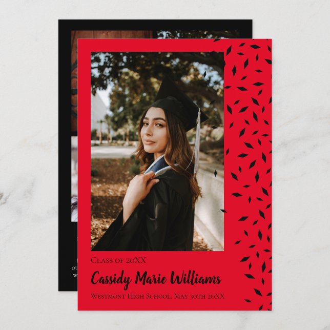 Black Red Confetti Graduation Announcement (Front/Back)