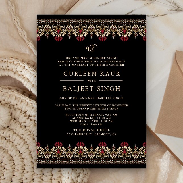 Black Red Cream  Ikat Anand Karaj Sikh Wedding Invitation (Creator Uploaded)