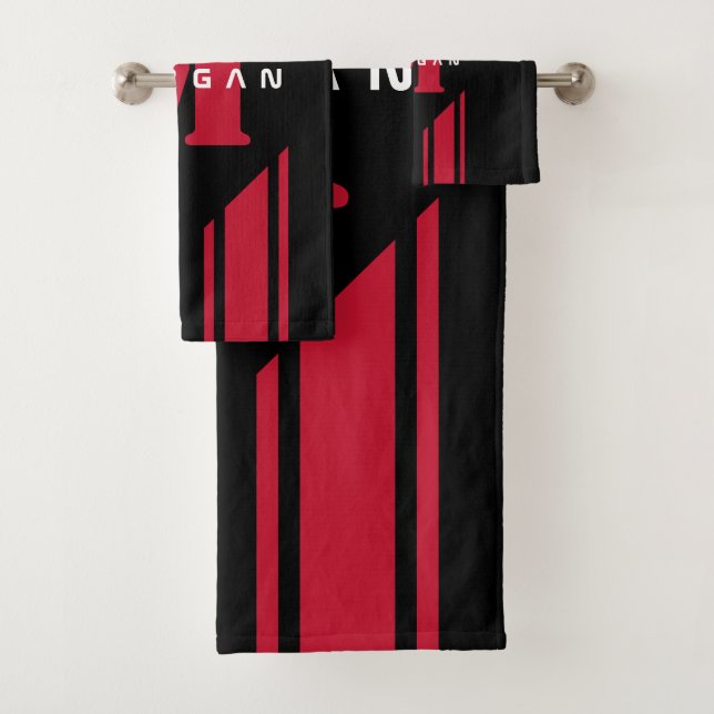 Black Red Custom Monogram Racer Stripe  Bath Towel Set (Insitu)